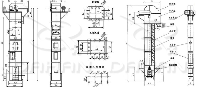 TD/D型斗式提升機(jī)基本結(jié)構(gòu):機(jī)頭蓋，機(jī)頭座，減速電機(jī)，直管，底座，緊張裝置等。