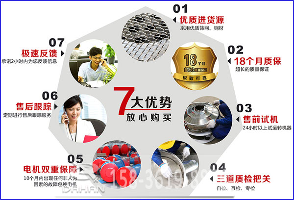 大漢食品振動(dòng)篩的7大優(yōu)勢(shì)：優(yōu)質(zhì)進(jìn)貨源，售后跟蹤，售前試機(jī)等。