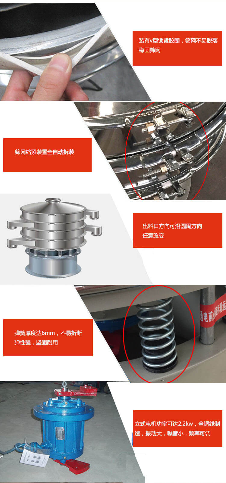 裝有V型鎖緊膠圈，使篩網(wǎng)不易脫落穩(wěn)固篩網(wǎng)，篩網(wǎng)鎖緊裝置，全自動(dòng)拆裝，出料口方向可沿圓周方向任意改變。彈簧厚度達(dá)6mm，不易折斷，彈性強(qiáng)，堅(jiān)固耐用。專(zhuān)業(yè)的振動(dòng)電機(jī)，全銅線制造，振動(dòng)大，機(jī)械噪音小，頻率可調(diào)。產(chǎn)品對(duì)比:材質(zhì)：大漢振動(dòng)篩廠家采用304不銹鋼材質(zhì)耐腐蝕性，耐熱性強(qiáng)。個(gè)別廠家采用其它金屬材質(zhì)，耐腐蝕性，耐熱性差蒸發(fā)緩慢，烘干效率較低。大漢振動(dòng)篩廠家采用金屬編織網(wǎng)，篩分精度高，效率高，篩網(wǎng)利用率高。
