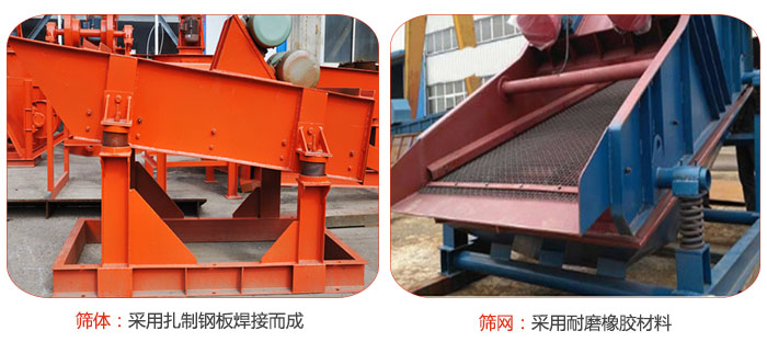 礦用振動(dòng)篩特點(diǎn)：篩體采用扎制鋼板焊接而成，篩網(wǎng)采用耐磨橡膠材質(zhì)