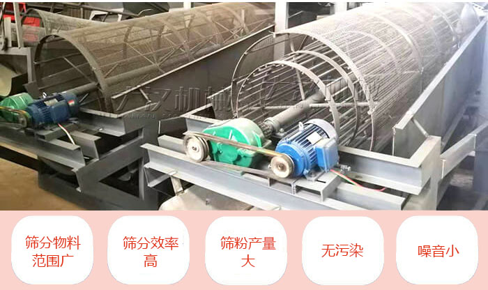 滾筒篩分機(jī)主要特點(diǎn)：篩分物料范圍廣，篩分效率高，篩分產(chǎn)量大，無污染，噪音小。