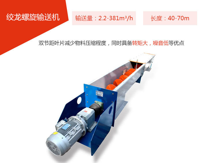 絞龍螺旋輸送機(jī)輸送量：2.2-381m3/h 長度：40-70m 雙節(jié)距葉片減少物料壓縮程度，同時(shí)具備轉(zhuǎn)矩大，噪音低等優(yōu)點(diǎn)。