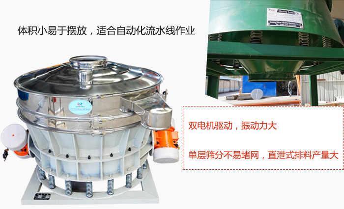 雙電機(jī)驅(qū)動，振動力大，單層篩分不易堵網(wǎng)，直泄式排料產(chǎn)量大