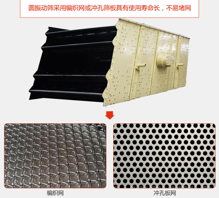 圓振動(dòng)篩采用編織網(wǎng)或沖孔篩板具有使用壽命長(zhǎng)，不易堵網(wǎng)。