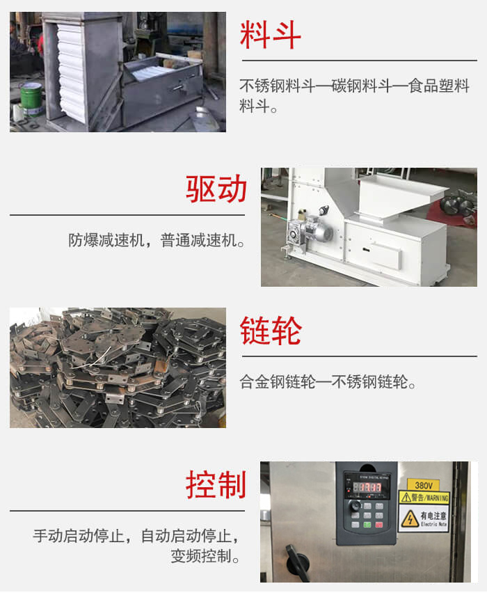 z型斗式提升機(jī)料斗：不銹鋼料斗-碳鋼料斗-食品塑料料斗。驅(qū)動(dòng)裝置采用的式防爆減速機(jī)，普通減速機(jī)兩種。鏈輪采用合金鏈輪-不銹鋼鏈輪控制器：手動(dòng)啟動(dòng)/停止，以及自動(dòng)啟動(dòng)停止。