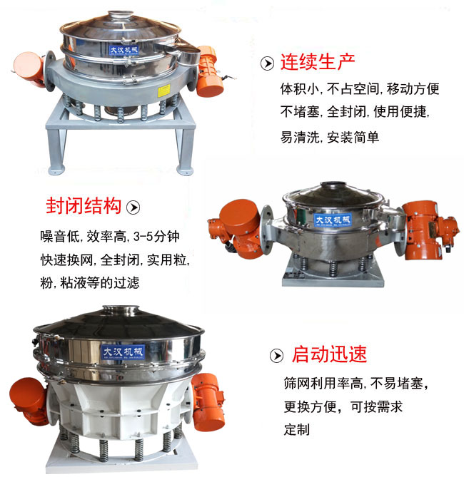 直徑1000mm直排篩特點(diǎn)：連續(xù)生產(chǎn)：體積小，不占空間，移動(dòng)方便，不堵塞，全封閉，使用便捷，易清洗，安裝簡單。封閉結(jié)構(gòu)：噪音低，效率高，3-5分鐘，快速換網(wǎng)，全封閉，實(shí)用粒，粉粘液等的過濾。啟動(dòng)迅速：篩網(wǎng)利用率高，不易堵塞，更換方便，可按需求定制。
