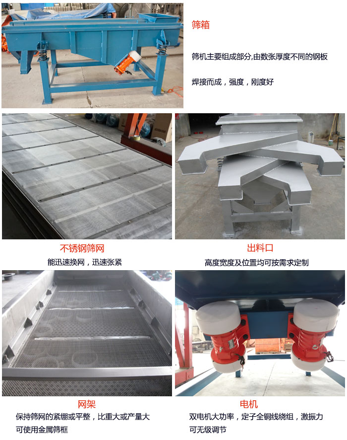 520型直線振動篩結構：篩箱：篩機主要組成部分，由數(shù)張厚度不同的鋼板焊制而成，強度，剛度好。不銹鋼篩網(wǎng)：能迅速換網(wǎng)，迅速張緊。電機：雙電機大功率，定子全銅線繞組，激振力可無極調(diào)節(jié)。網(wǎng)架：保持篩網(wǎng)的緊繃和平整，比重大或產(chǎn)量大時可使用金屬篩框。出料口：高度寬度及位置均可按照用戶的要求來定制。