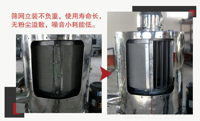 氣流篩采用立式篩網(wǎng)，不受物料的沖擊力的影響，篩網(wǎng)使用壽命長(zhǎng)