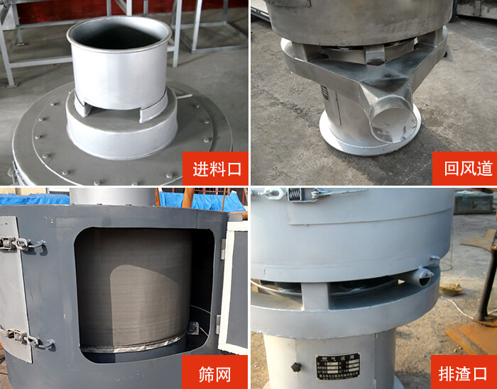 氣流篩分機(jī)進(jìn)料口，回風(fēng)道，篩網(wǎng)，排渣口。