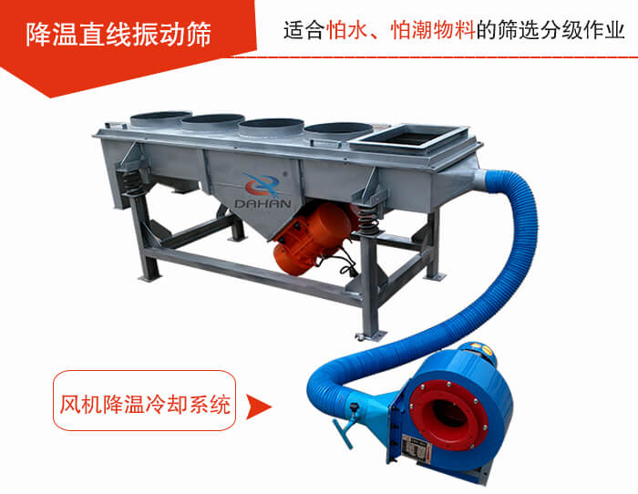 降溫直線振動篩加裝風機或水箱降溫方式完成物料的降溫需求。