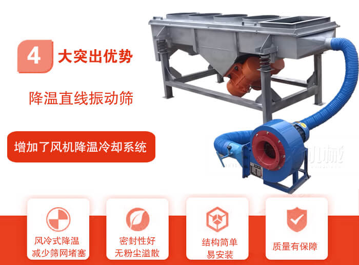 降溫直線振動篩性能特點：1，技術(shù)成熟，質(zhì)量可靠，篩分精度高，處理量大。2，風冷式降溫系統(tǒng)設(shè)計，快速有效降溫。3，適用范圍廣，可應(yīng)用于各種需要降溫的物料。4，設(shè)計精巧合理，結(jié)構(gòu)簡單，易安裝，耗能少，噪音低5，篩網(wǎng)使用壽命長，換網(wǎng)更方便，快捷6，設(shè)備整體密封性好，無粉塵溢散。