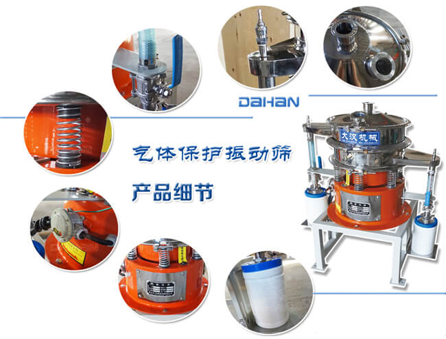 氣體保護(hù)振動(dòng)篩細(xì)節(jié)：振動(dòng)彈簧，手動(dòng)閥門，料罐等。