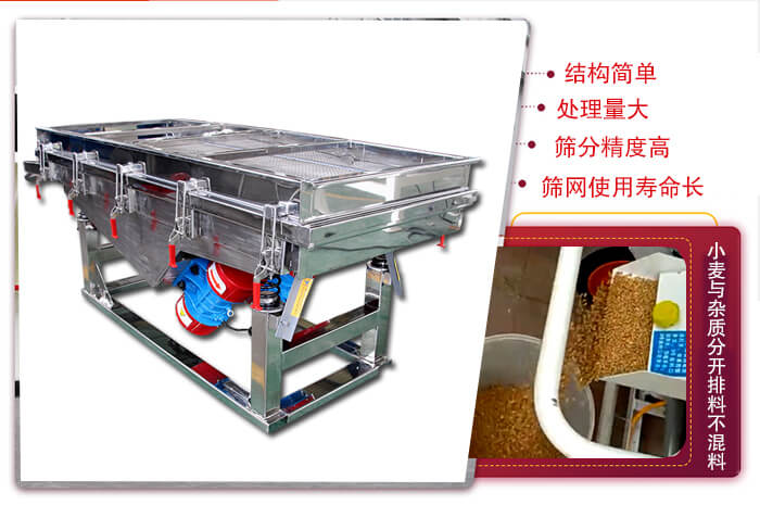 小麥清理振動篩結構簡單，處理量大，篩分精度高，篩網(wǎng)使用壽命長。