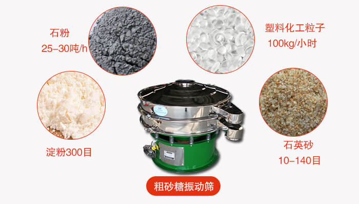 　粗砂糖振動(dòng)篩更多適用范圍:食品行業(yè)，化工行業(yè)，制藥行業(yè)，行業(yè)，冶金行業(yè)等。